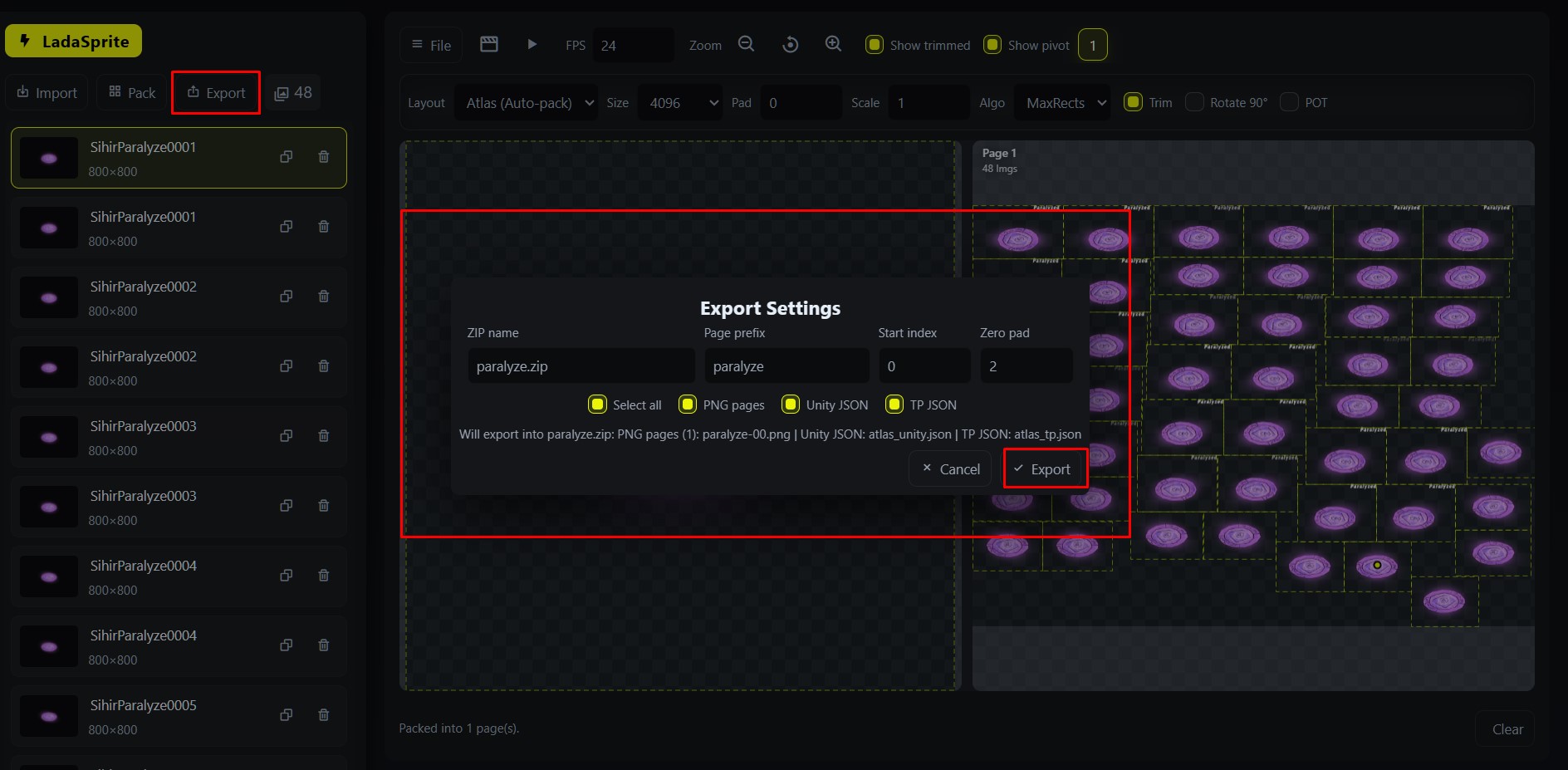 Export settings placeholder